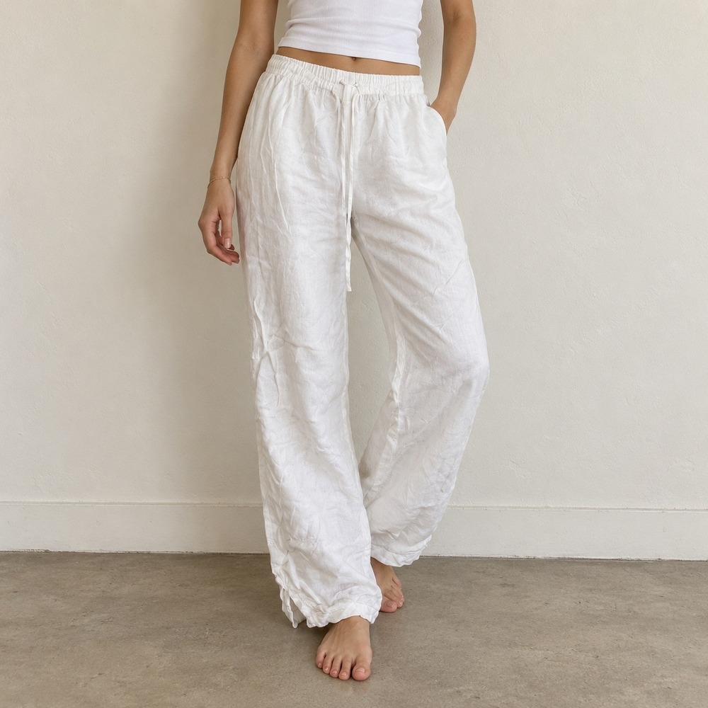 Reformation Womens Olina Pants XS White Linen Elastic Waist Drawstring Coastal
